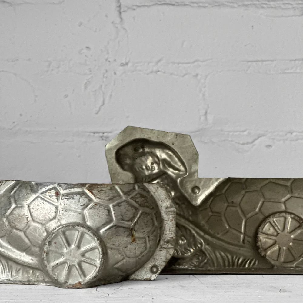 Antique Chocolate Rabbit with Egg Wagon Tin Mold (#26) - Image 3