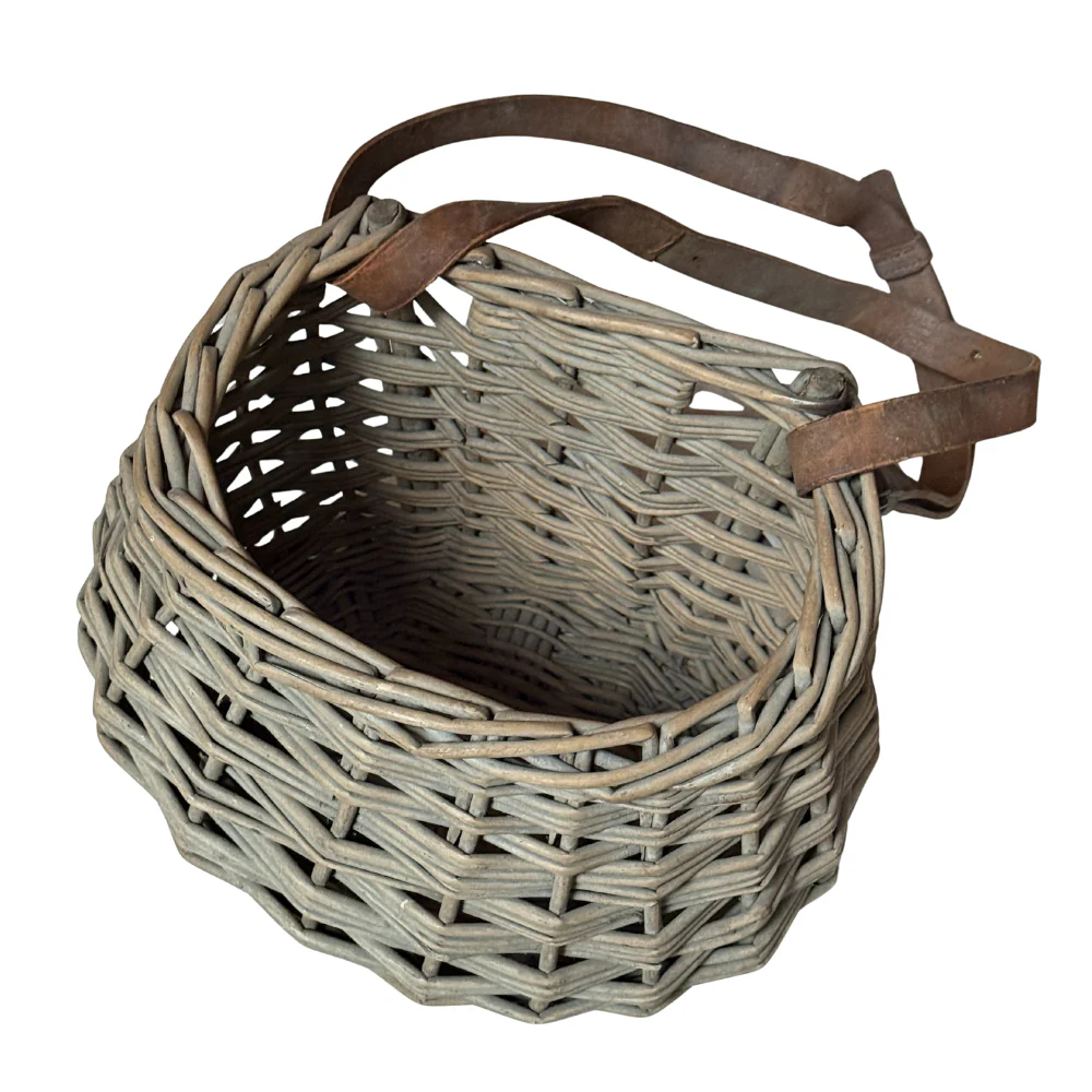 Antique Open Top Wicker Basket with Leather Strap - Image 2