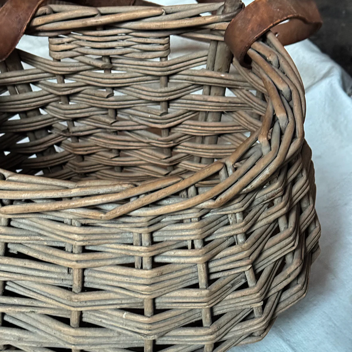 Antique Open Top Wicker Basket with Leather Strap - Image 4