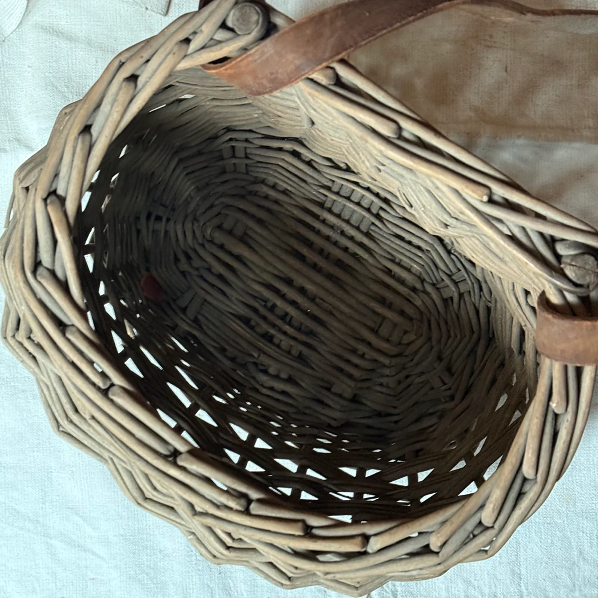 Antique Open Top Wicker Basket with Leather Strap - Image 5