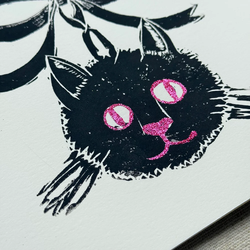 Block Printed Black Cat Folded Card - Image 2