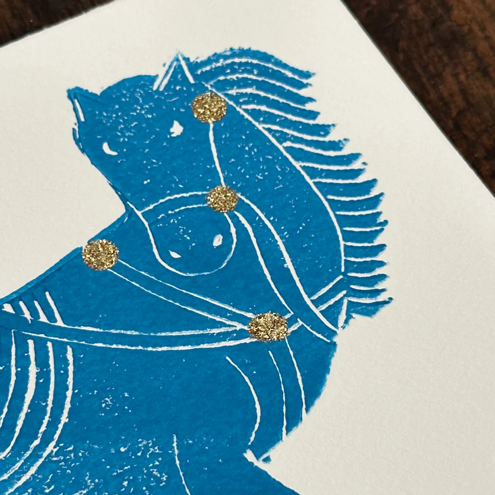 Block Printed Blue Horse Folded Card - Image 2