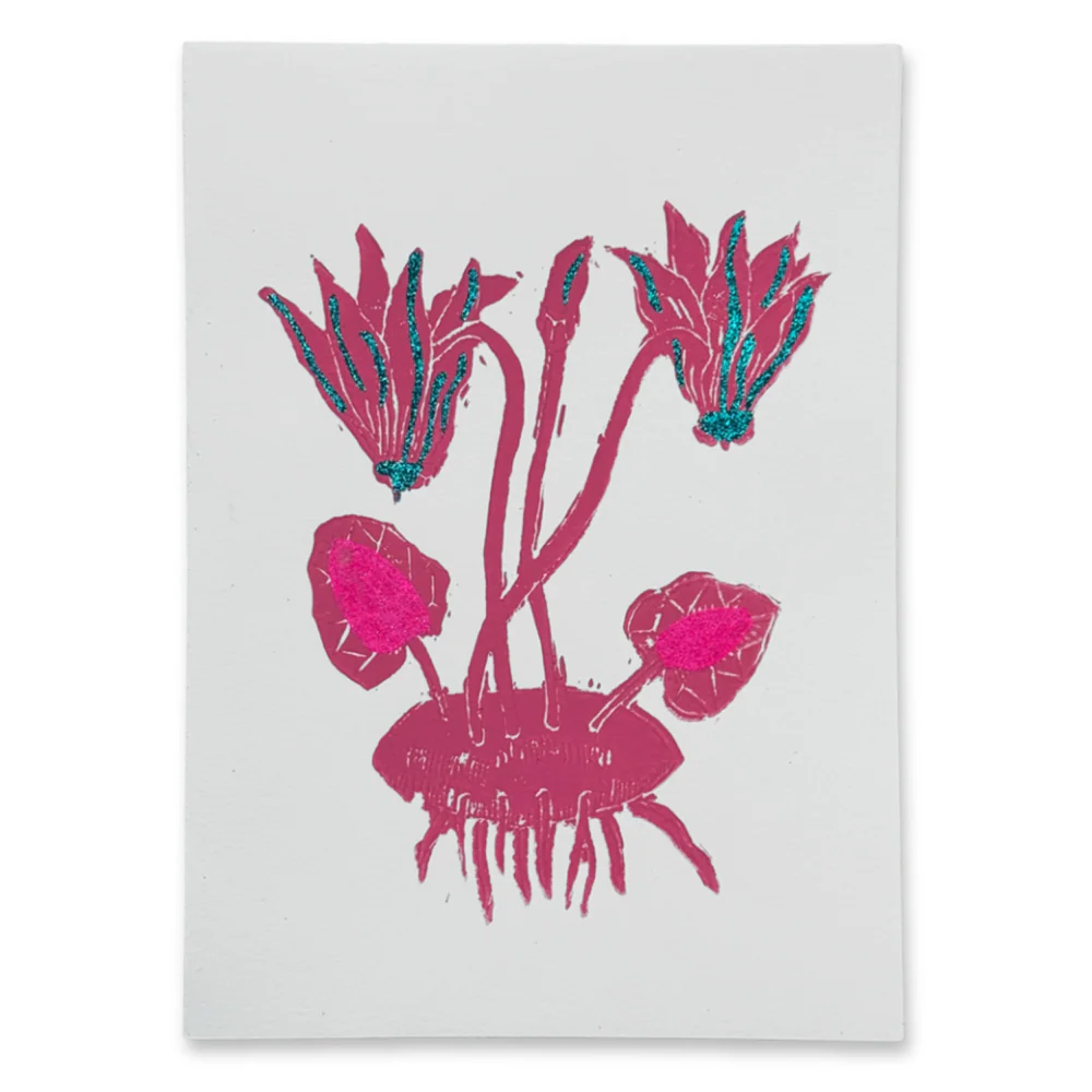 Block Printed Pink Cyclamen Folded Card