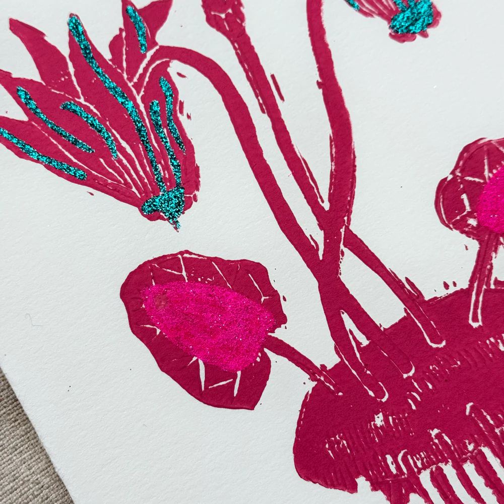 Block Printed Pink Cyclamen Folded Card - Image 2