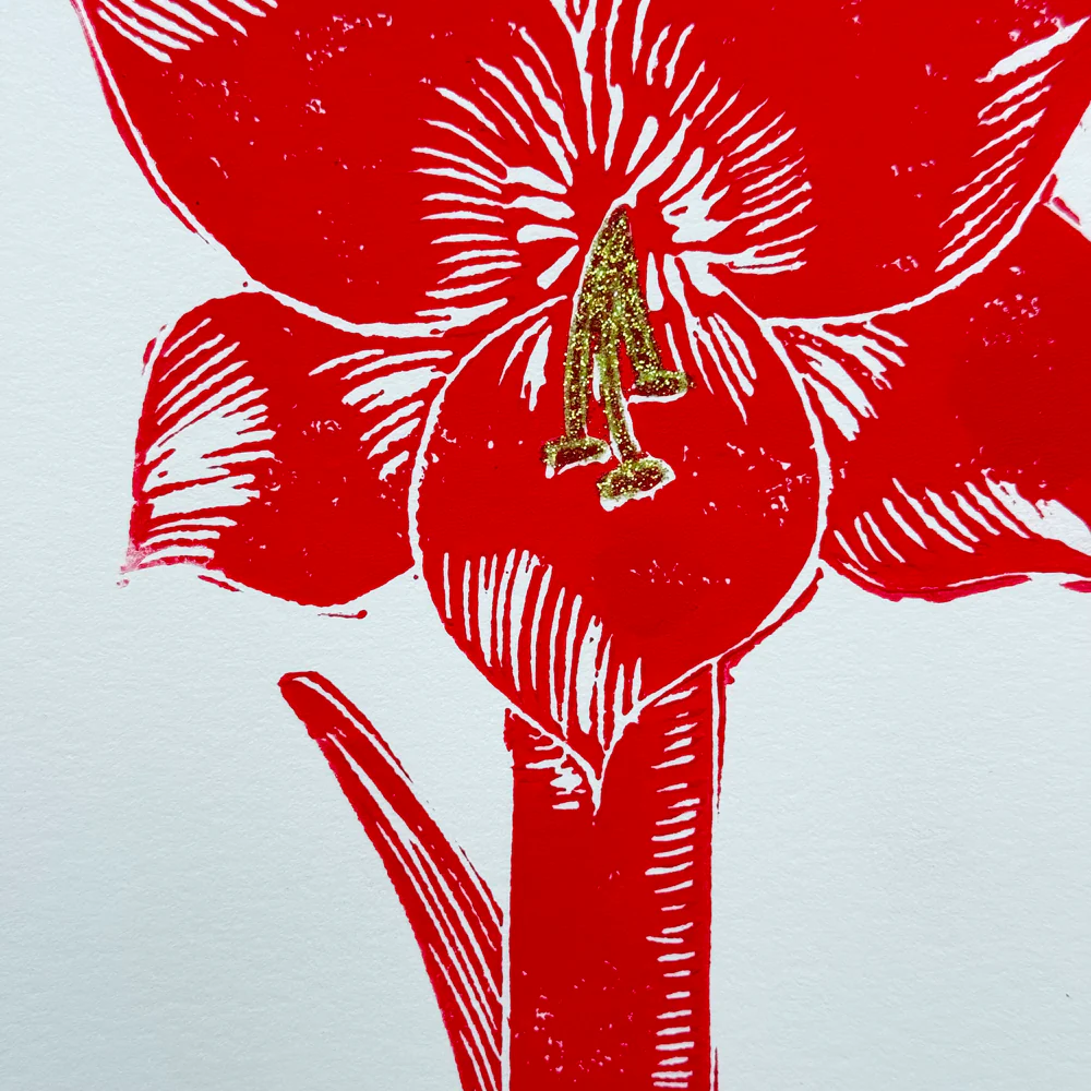 Block Printed Red Amaryllis Folded Card - Image 2