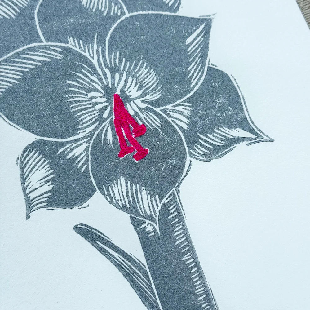 Block Printed Silver Amaryllis Folded Card - Image 2