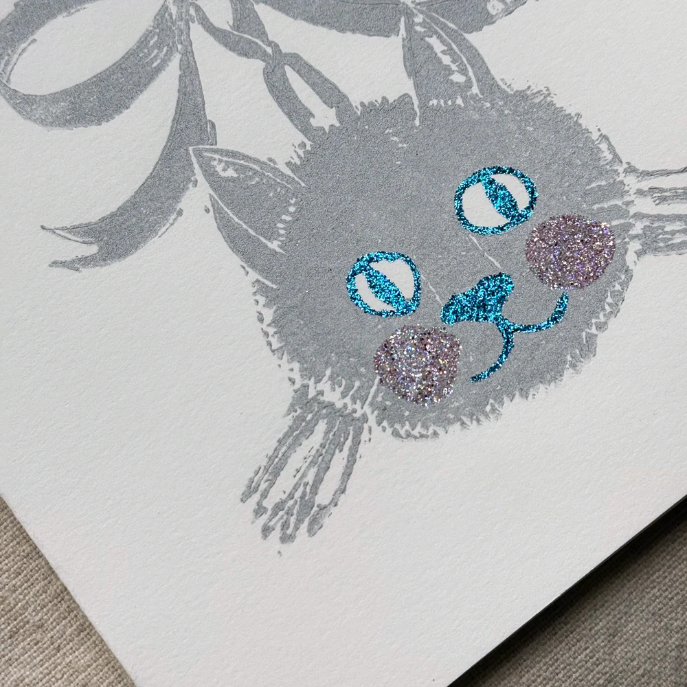 Block Printed Silver Cat Folded Card - Image 2