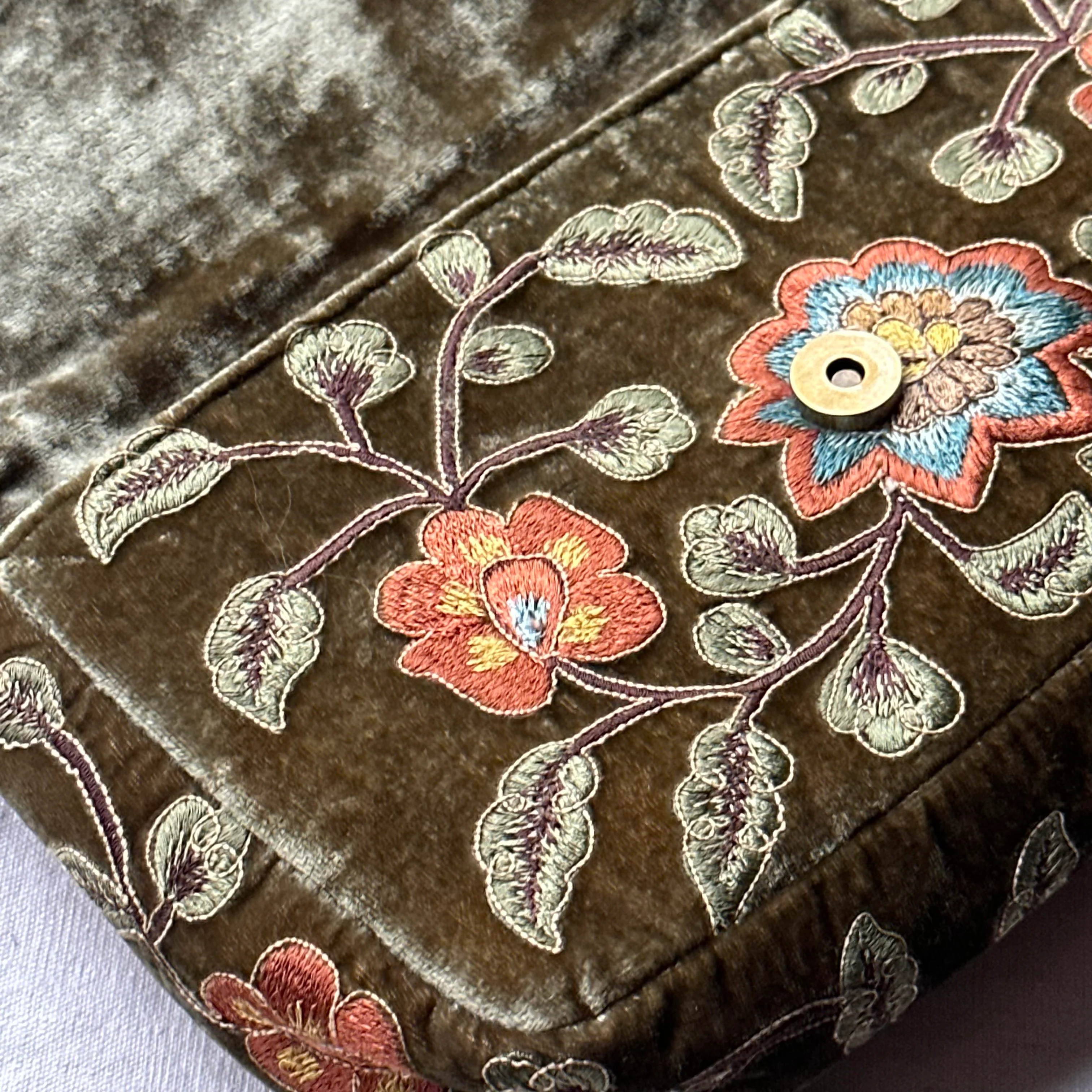 Carine Embroidered Silk Velvet Shoulder Bag in Olive - Image 3