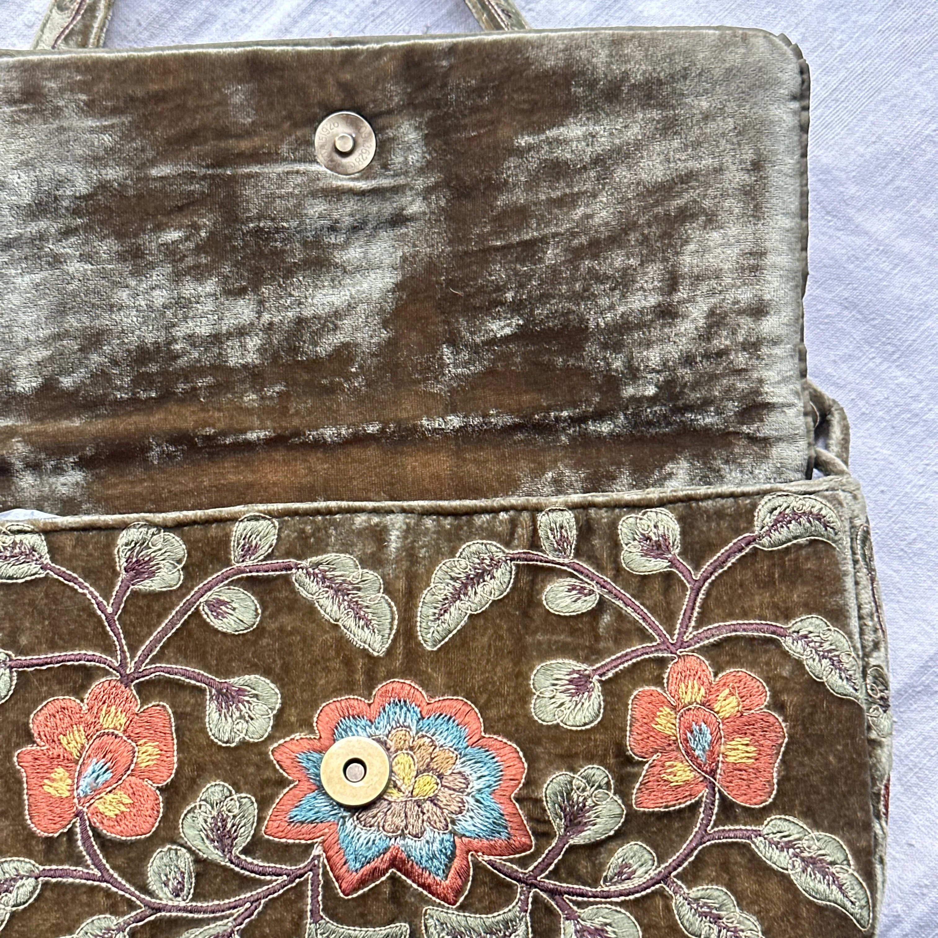 Carine Embroidered Silk Velvet Shoulder Bag in Olive - Image 4