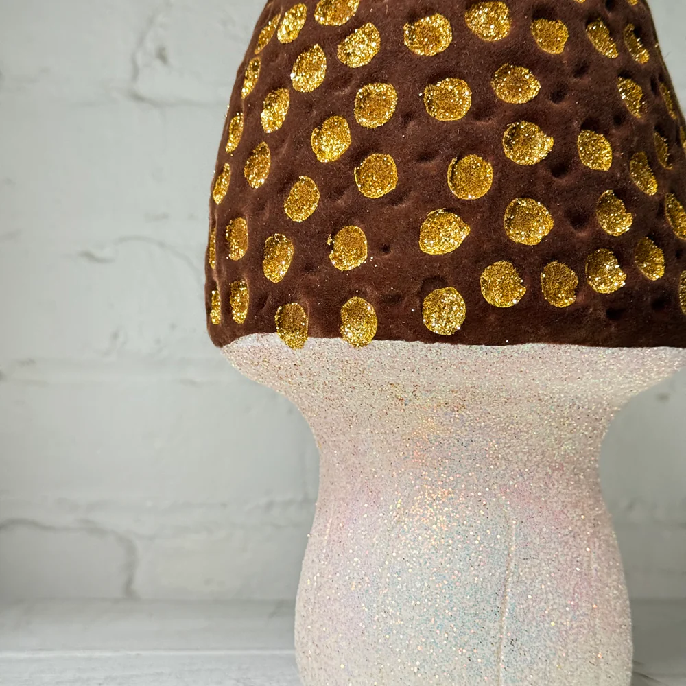 Flocked Glitter Morel Mushroom in Brown Yellow with Many Gold Dots - Image 2
