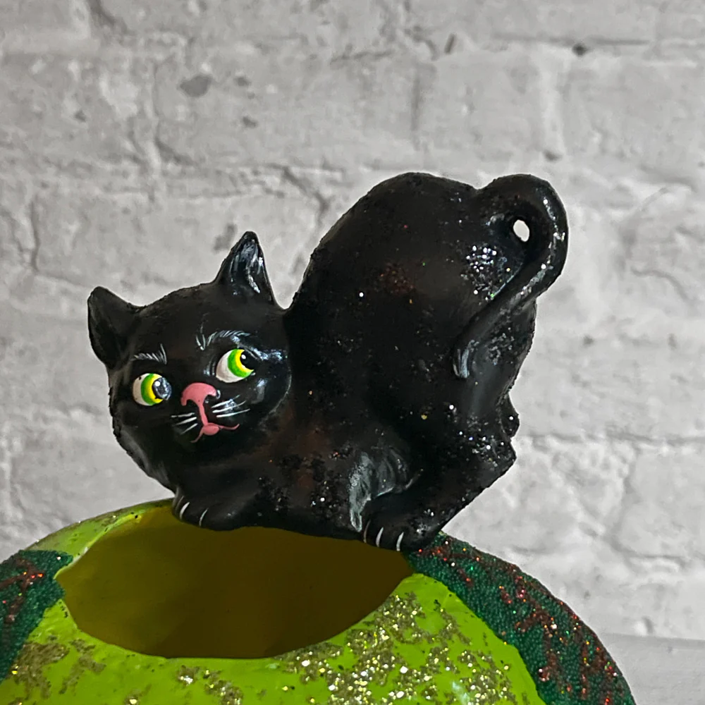 Green Pumpkin Head with Black Cat - Image 2