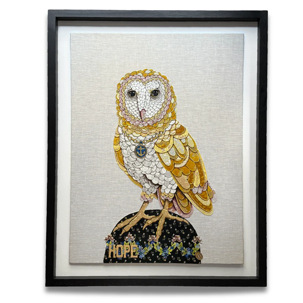 "Love & Hope" Pair of Hand Embroidered Owls by Zara Merrick - Image 3