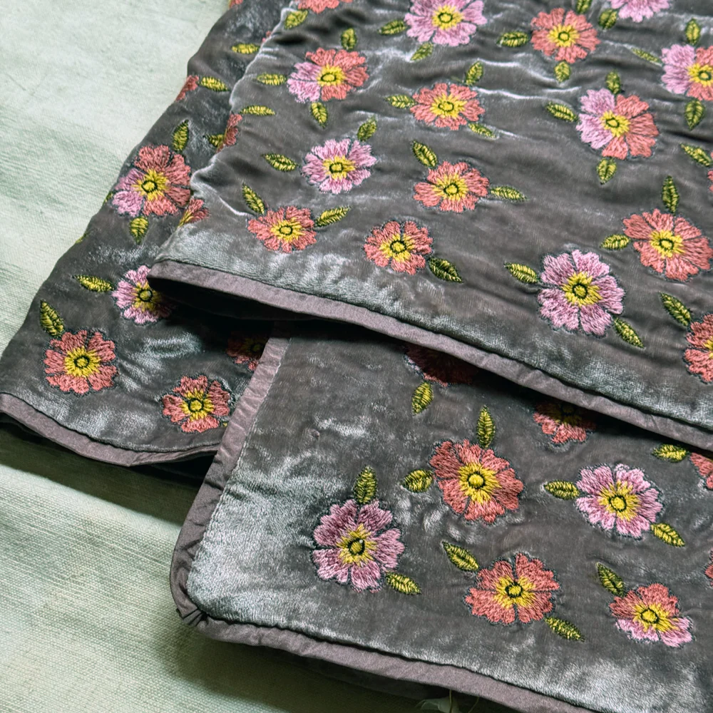Happy Flower Frame Embroidered Silk Velvet Throw in Lavender - Image 4