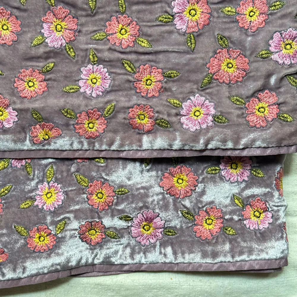 Happy Flower Frame Embroidered Silk Velvet Throw in Lavender - Image 5