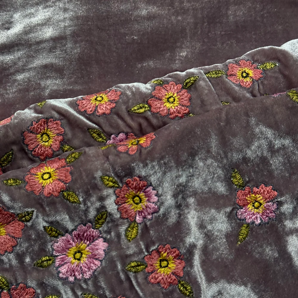 Happy Flower Frame Embroidered Silk Velvet Throw in Lavender - Image 8