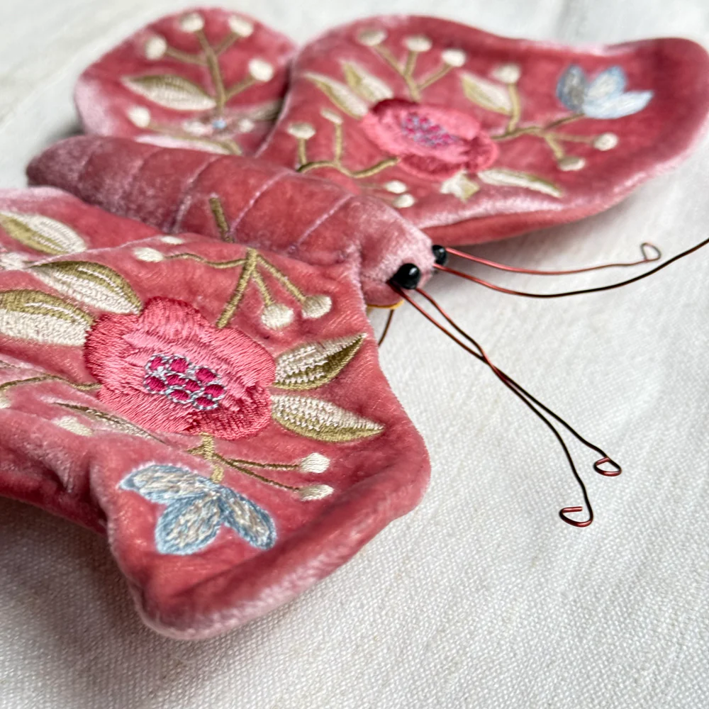 Liza Silk Velvet Embroidered Butterfly in Cyclamen - Image 3