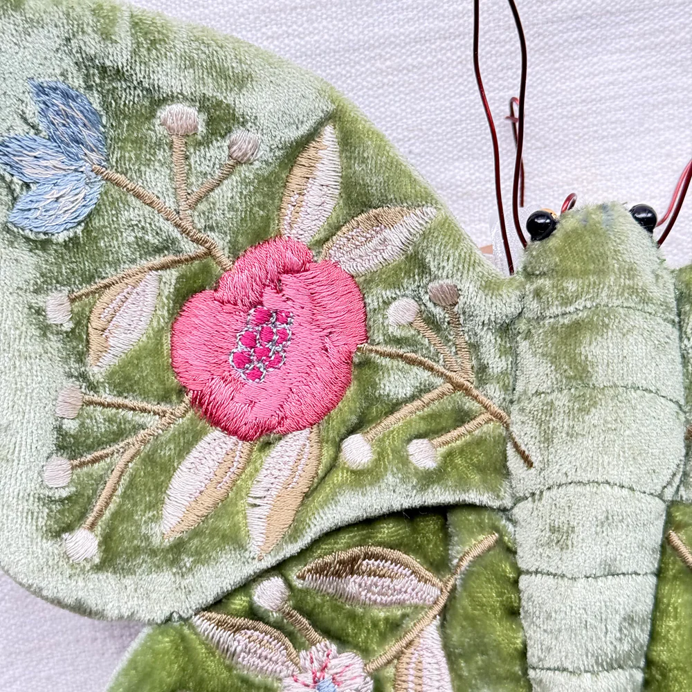 Liza Silk Velvet Embroidered Butterfly in Emerald - Image 3
