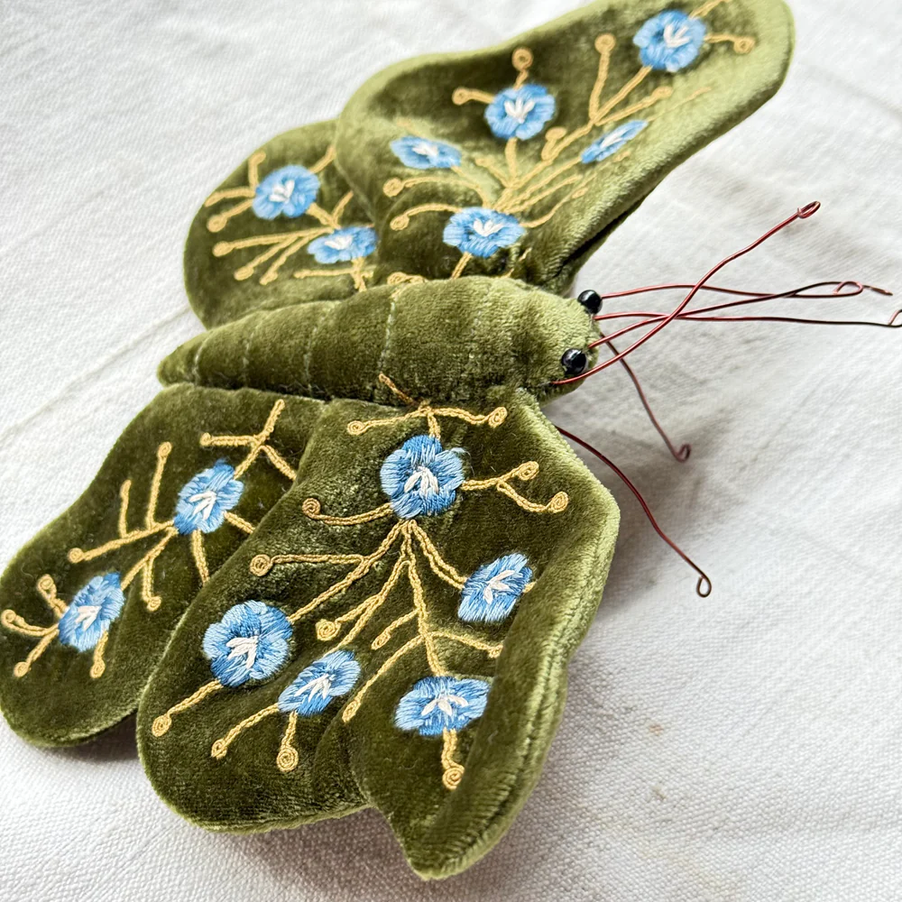 Misha Silk Velvet Embroidered Butterfly in Grass Green - Image 3