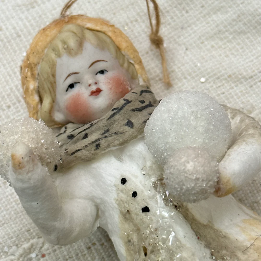 Nostalgic Cotton Boy with Snowballs and Porcelain Head Ornament - Image 2