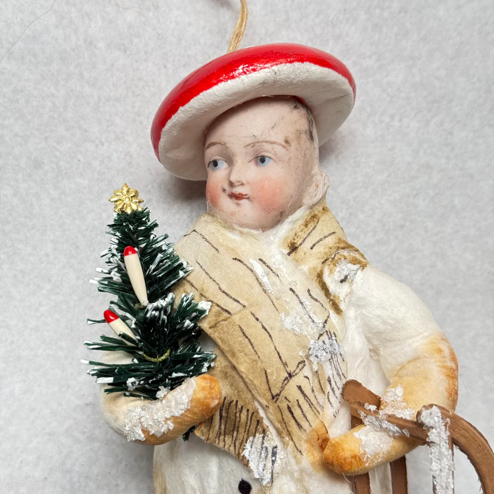 Nostalgic Cotton Mushroom Boy with Sled and Porcelain Head Ornament - Image 3