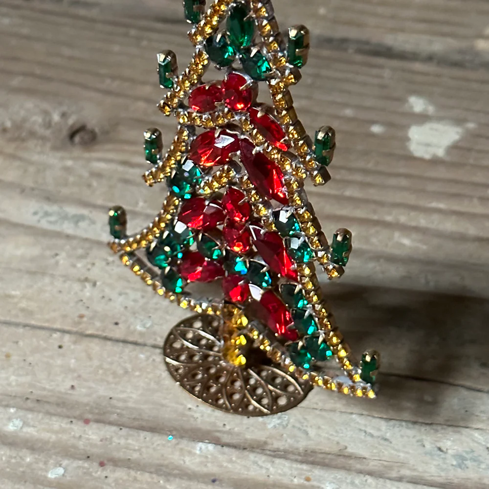 Small Nostalgic Jeweled Glass Crystal Tree w Green Candles - Image 3