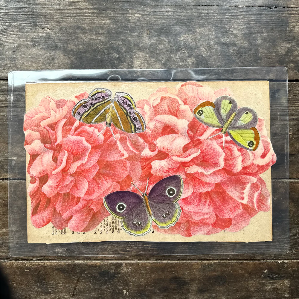 One of a Kind Collaged Pink Flower & Butterly Mat Pair (2-17 & 2-19) - Image 2