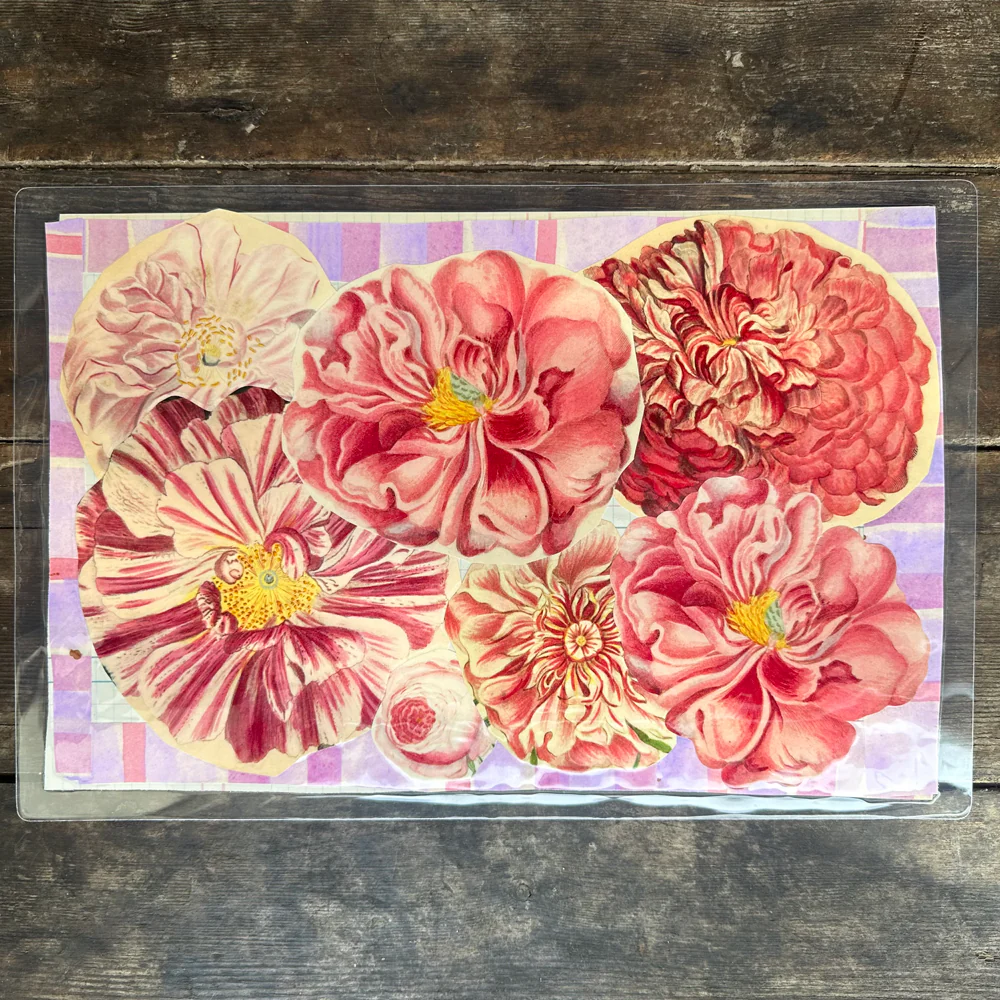 One of a Kind Collaged Pink Flower Mat Pair (2-03 & 2-04) - Image 2