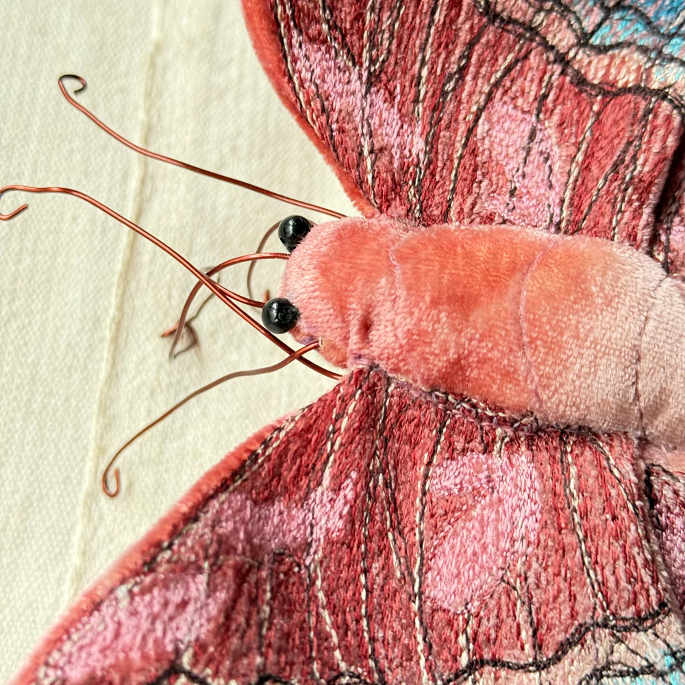 Original Silk Velvet Embroidered Butterfly in Shaded Rose - Image 3
