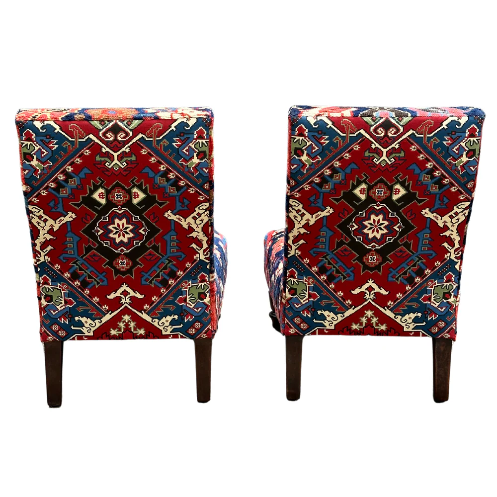 Pair of Handmade Slipper Chairs Upholstered in Antique Caucasian Rug and Olya Thompson Lermontov Fabric - Image 2