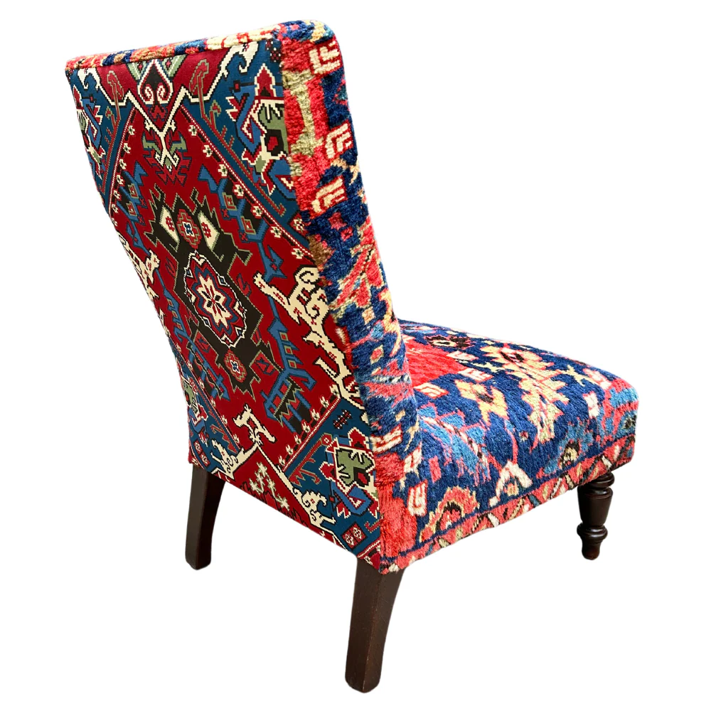 Pair of Handmade Slipper Chairs Upholstered in Antique Caucasian Rug and Olya Thompson Lermontov Fabric - Image 3