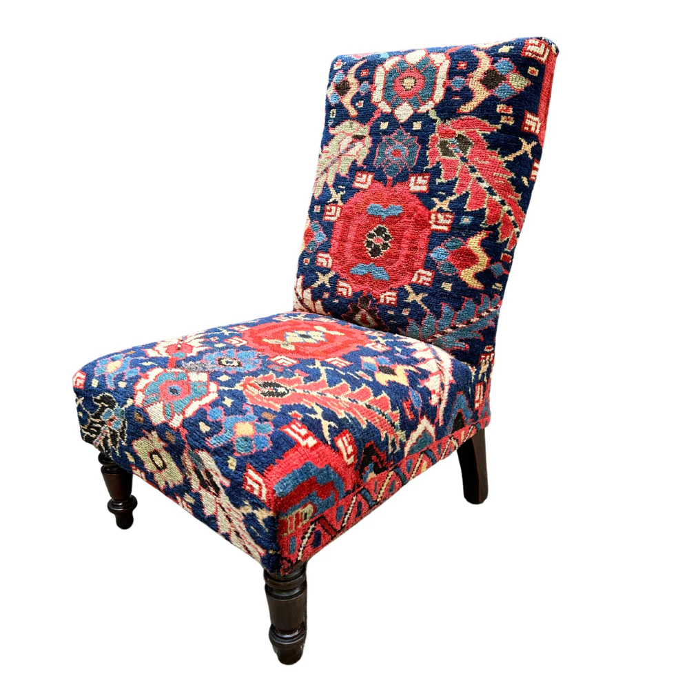 Pair of Handmade Slipper Chairs Upholstered in Antique Caucasian Rug and Olya Thompson Lermontov Fabric - Image 4