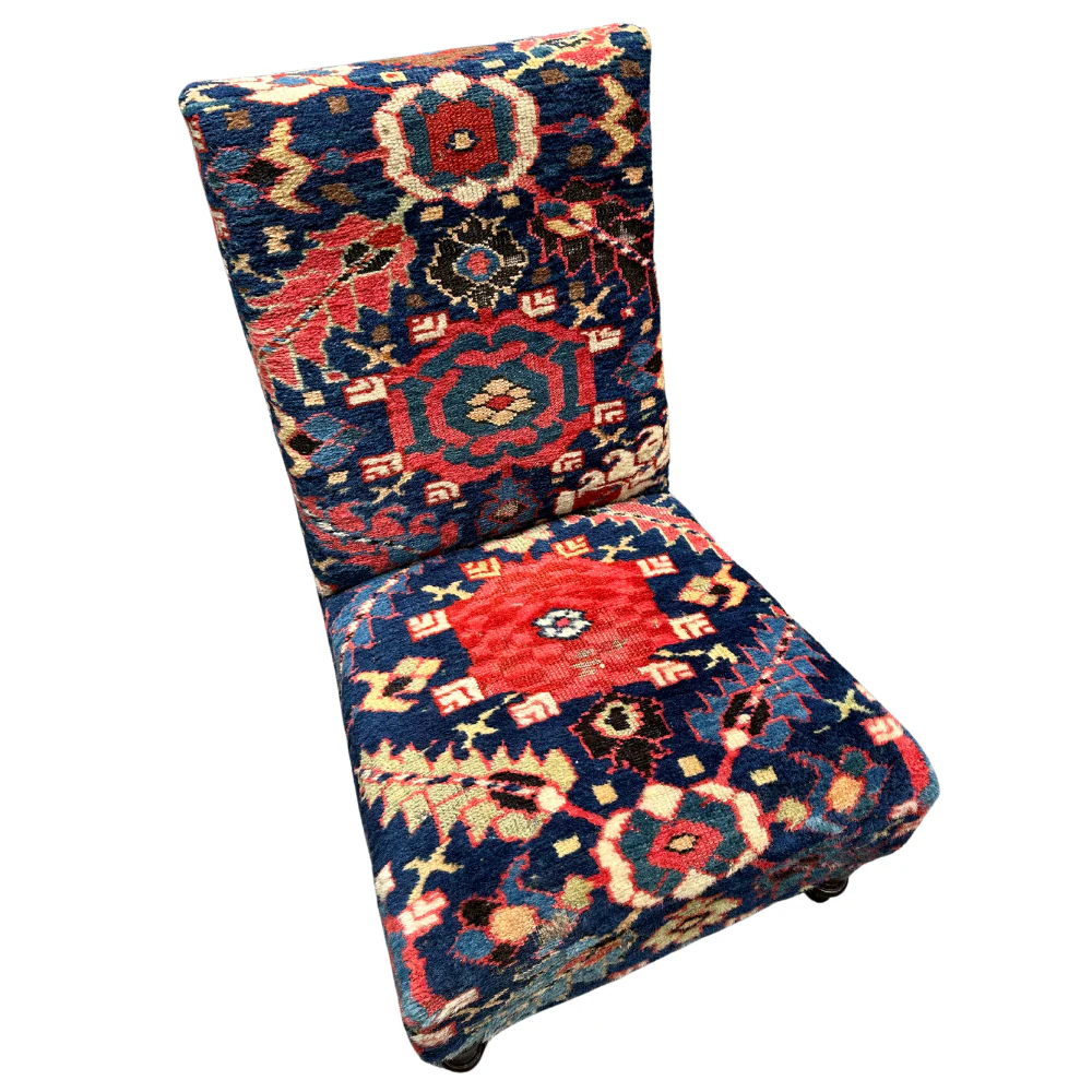 Pair of Handmade Slipper Chairs Upholstered in Antique Caucasian Rug and Olya Thompson Lermontov Fabric - Image 6