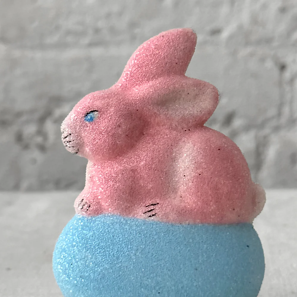 Papier Mâché Beaded Bunny on Egg in Rose & Blue - Image 2