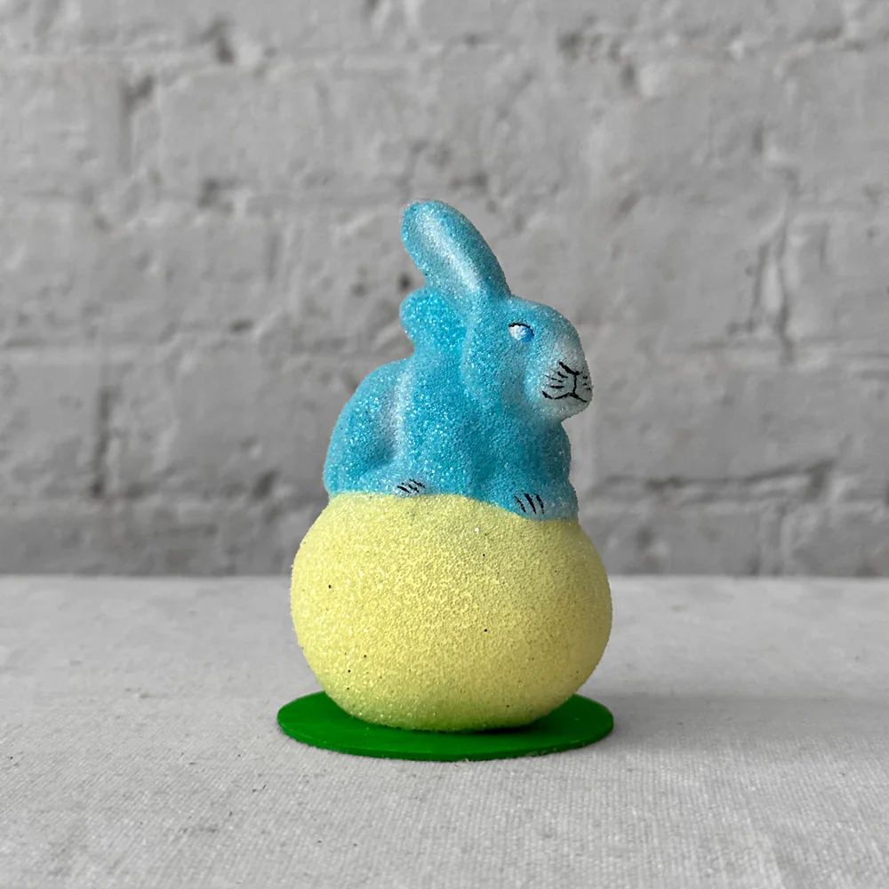 Papier Mâché Beaded Bunny on Egg in Blue & Yellow - Image 2