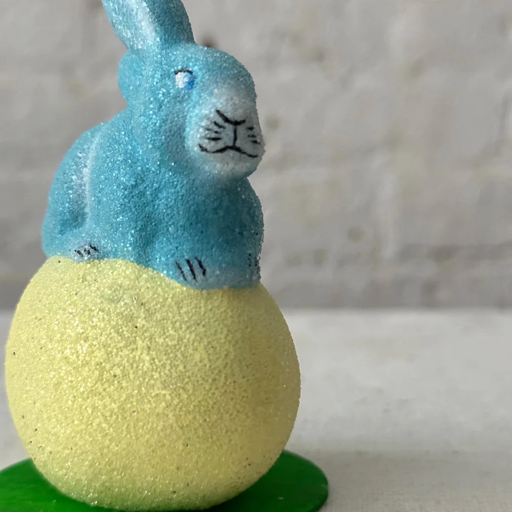 Papier Mâché Beaded Bunny on Egg in Blue & Yellow - Image 3