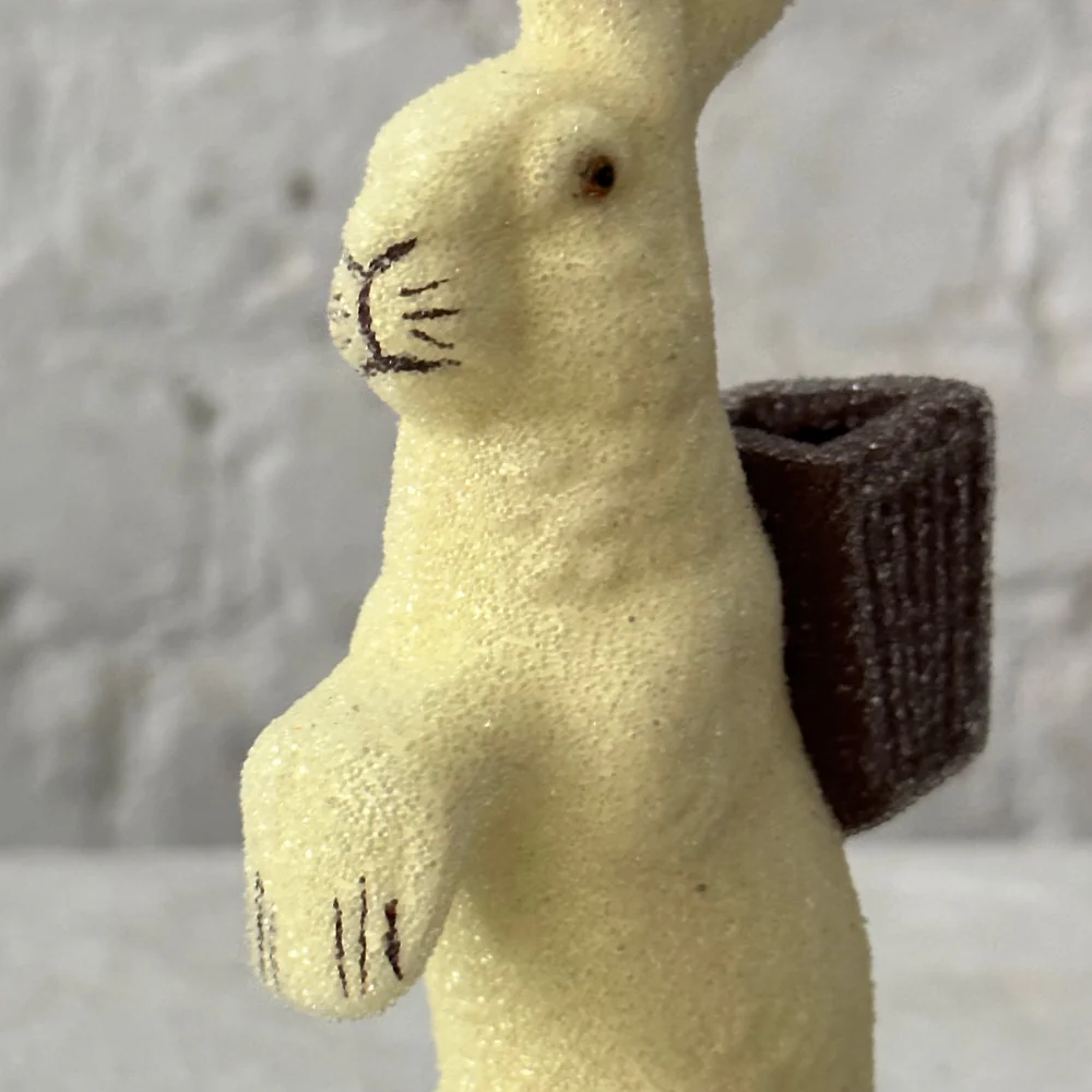 Small Papier-Mâché Beaded Cream Bunny with Brown Basket - Image 2