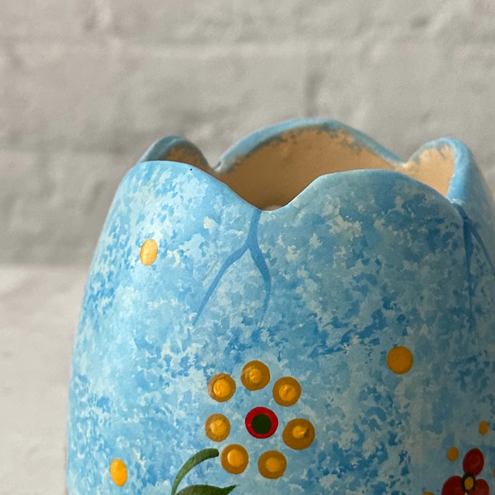 Papier Mâché Blue Egg with Decorated Flowers - Image 3
