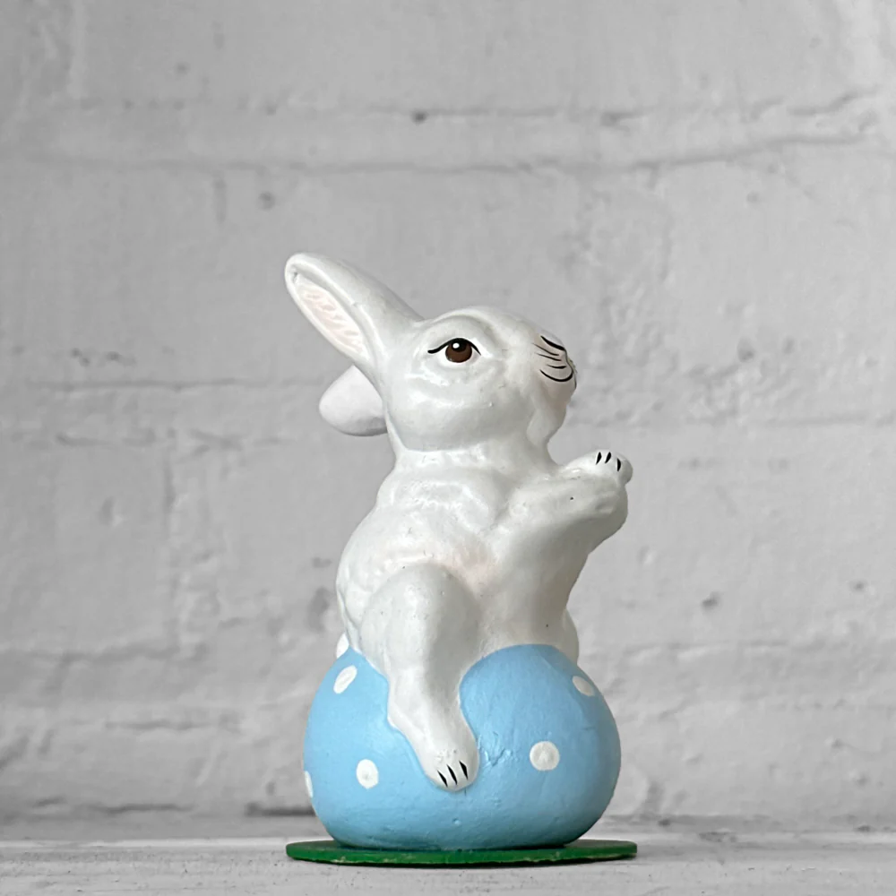 Papier-Mâché Bunny on Egg in Blue & White Polka Dots - Image 2