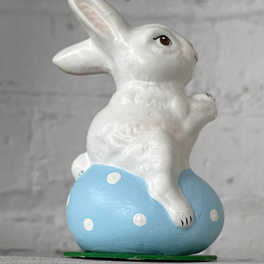 Papier-Mâché Bunny on Egg in Blue & White Polka Dots - Image 3