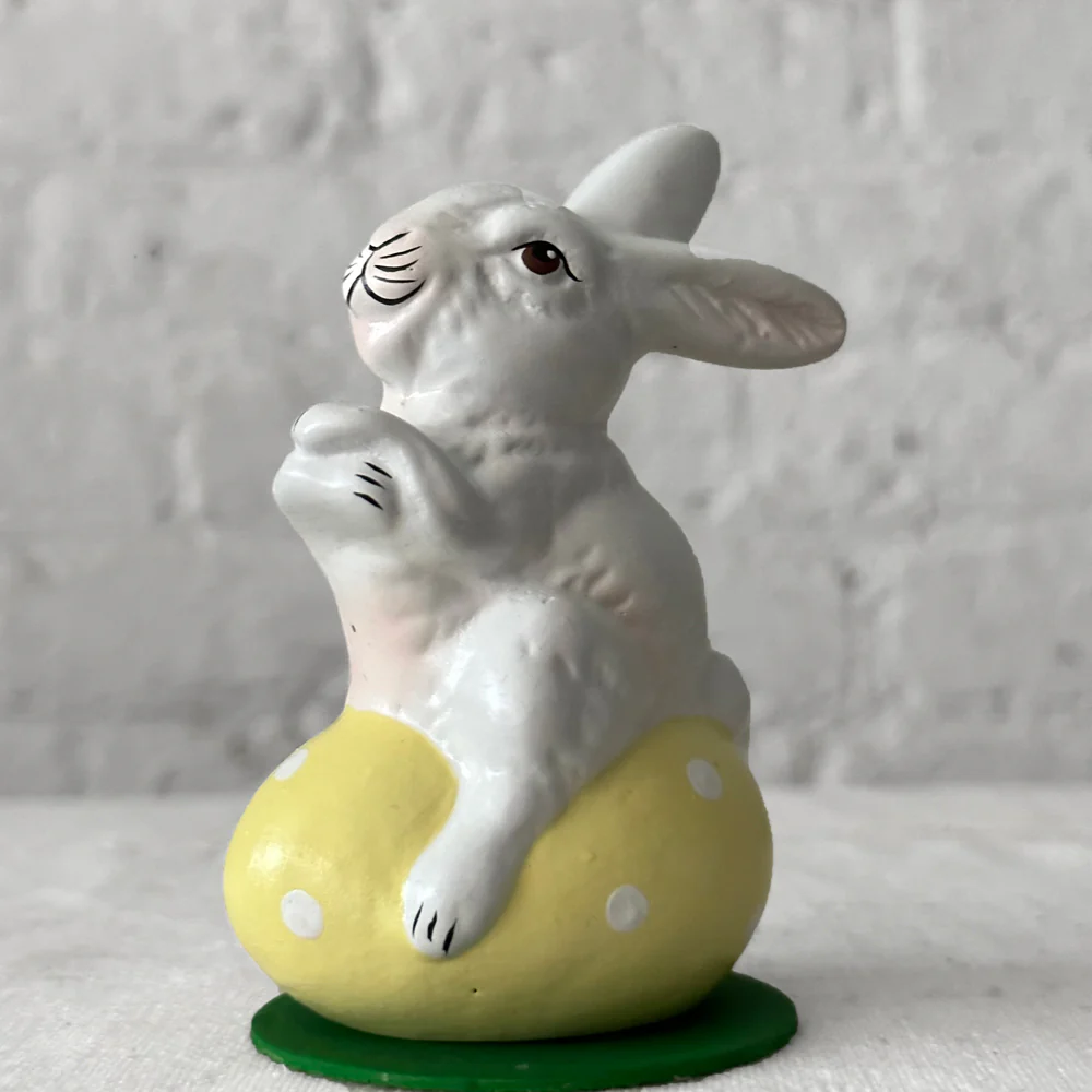 Papier-Mâché Bunny on Egg in Yellow & White Polka Dots - Image 2