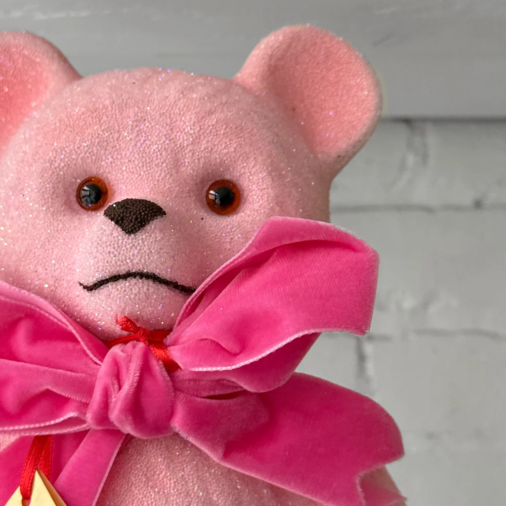 Papier-Mâché Pink Beaded Bear with Bow - Image 2