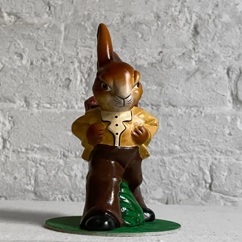 Papier Mâché Walking Bunny with Red Basket with Brown Pants - Image 2