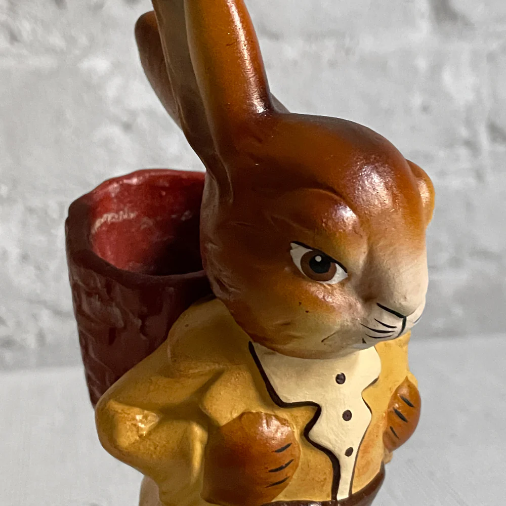Papier Mâché Walking Bunny with Red Basket with Brown Pants - Image 3