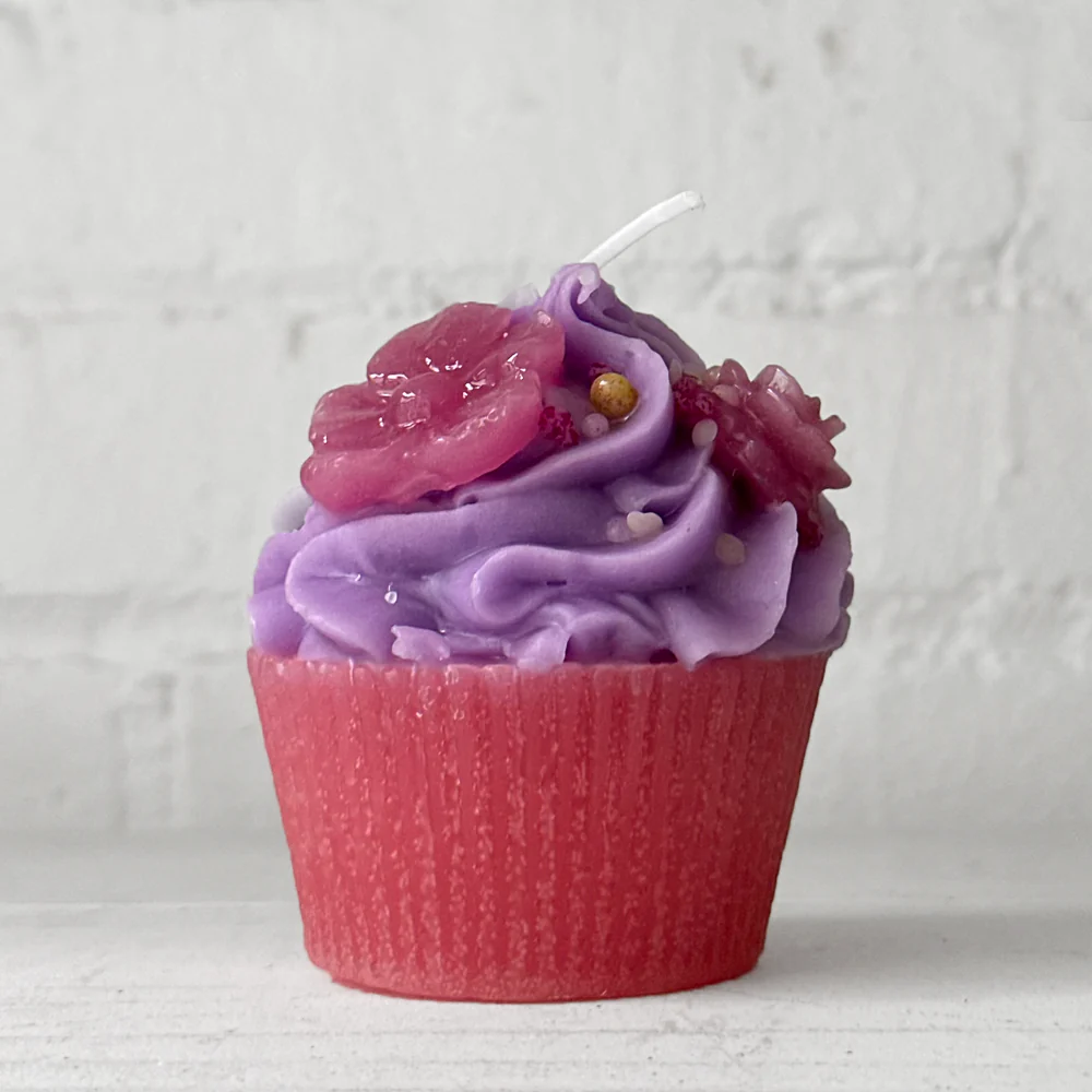 Purple Frosting with Light Purple Flowers Cupcake Candle