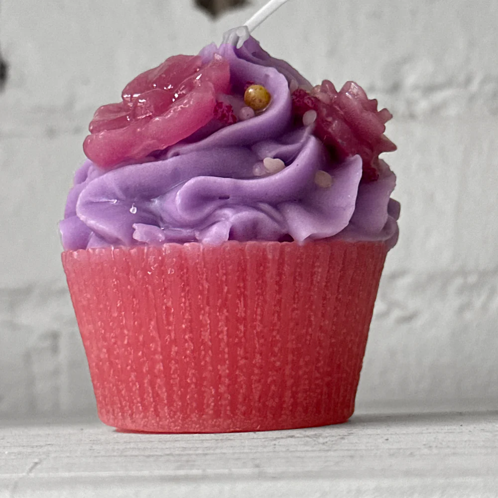 Purple Frosting with Light Purple Flowers Cupcake Candle - Image 2