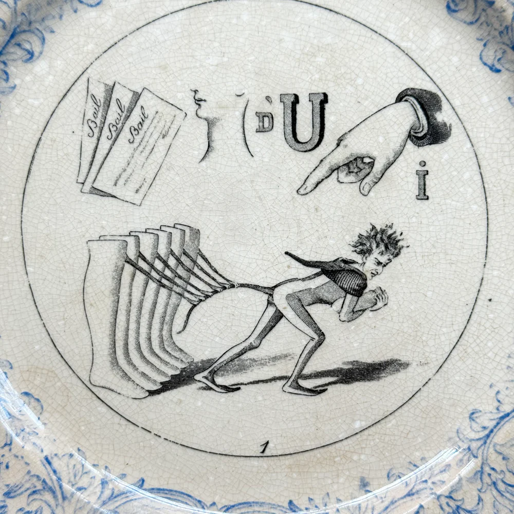 Set of 6 19th‑century French Sarreguemines Talking Plates - Image 20
