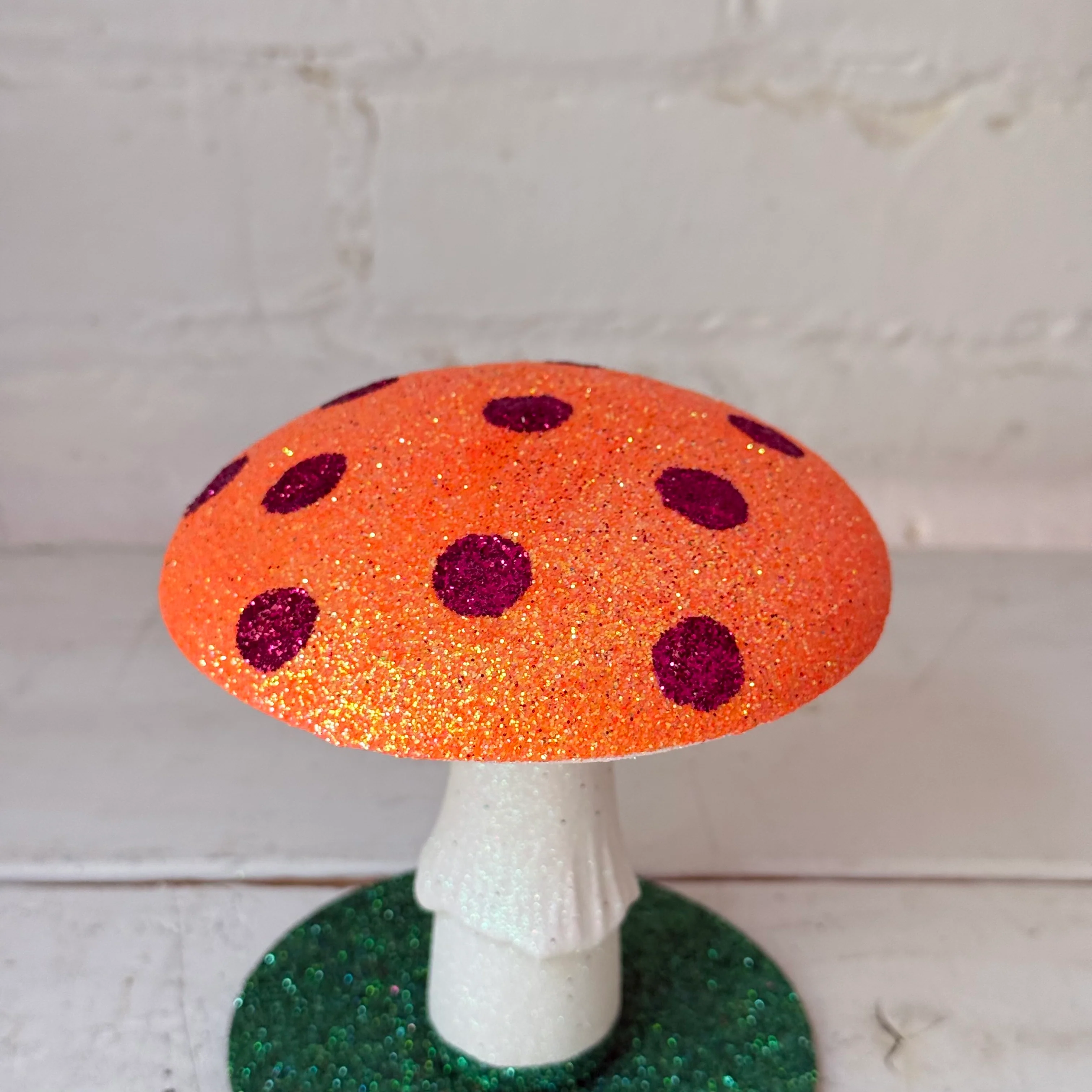 Small Glitter Mushroom in Orange with Red Dots - Image 2