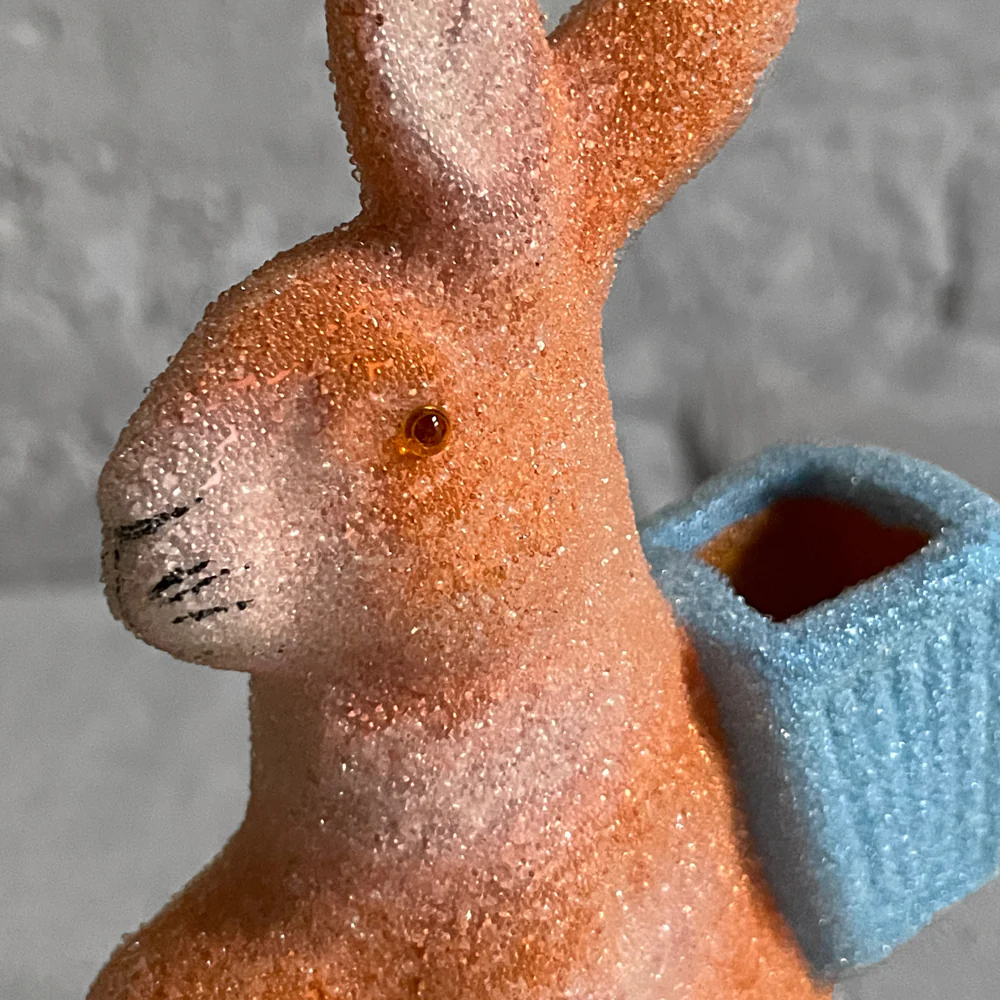 Small Papier-Mâché Beaded Orange Bunny with Blue Basket - Image 2