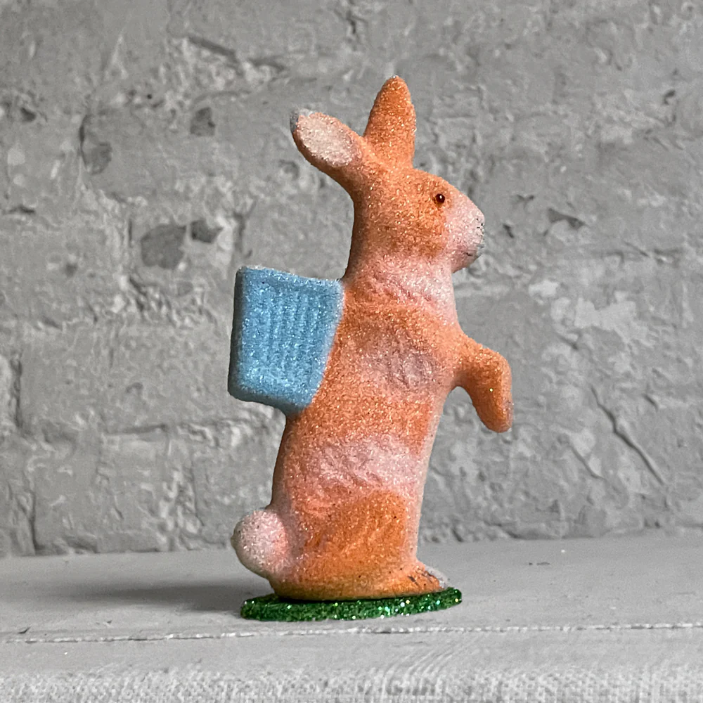 Small Papier-Mâché Beaded Orange Bunny with Blue Basket - Image 3