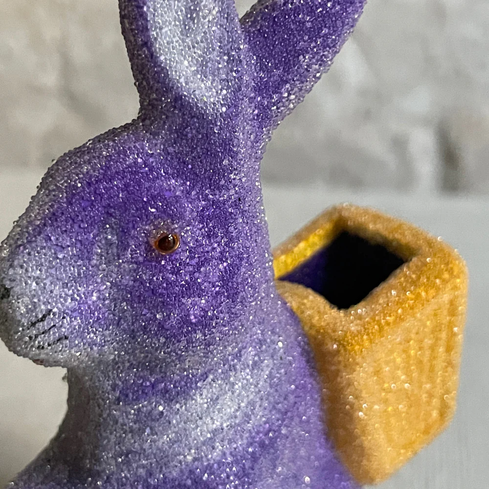 Small Papier-Mâché Beaded Purple Bunny with Orange Basket - Image 2